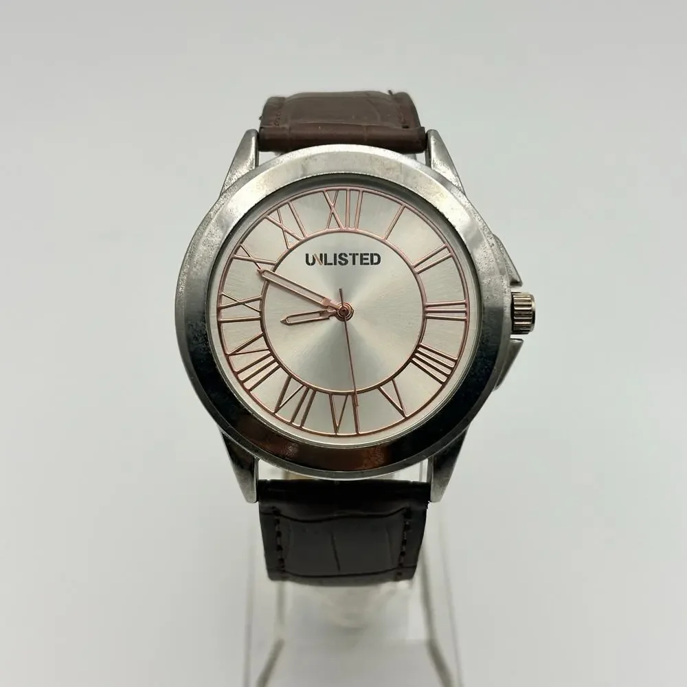UNLISTED UL1295 Silver Tone Brown Leather 42mm Men’s Watch Working